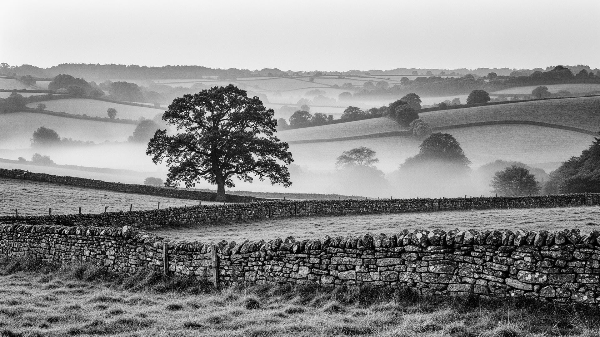 Misty Cotswolds hills at dawn, drystone walls in the foreground