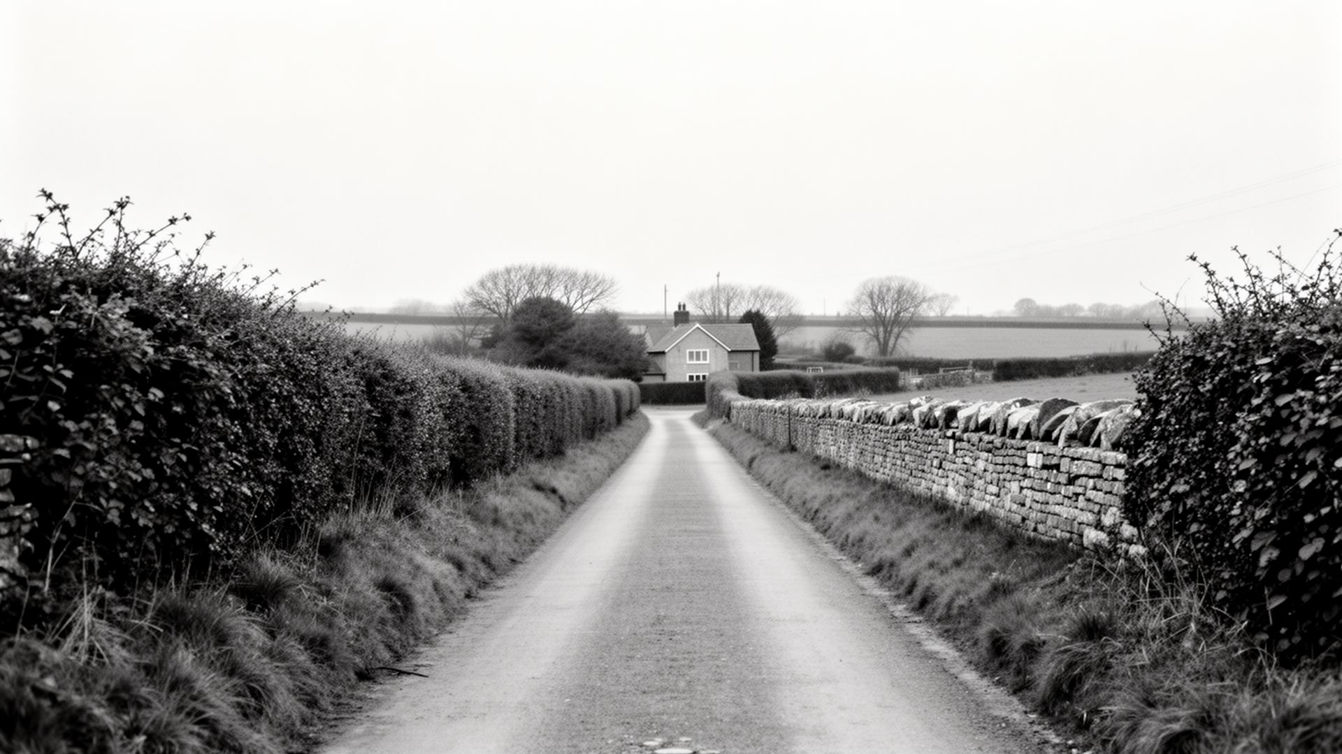 Quiet English country lane lined with hedgerows leading to a distant farmhouse